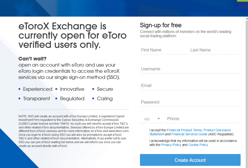 eToroX Crypto Exchange signup