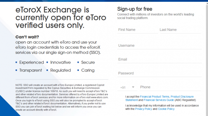 eToroX Crypto Exchange signup